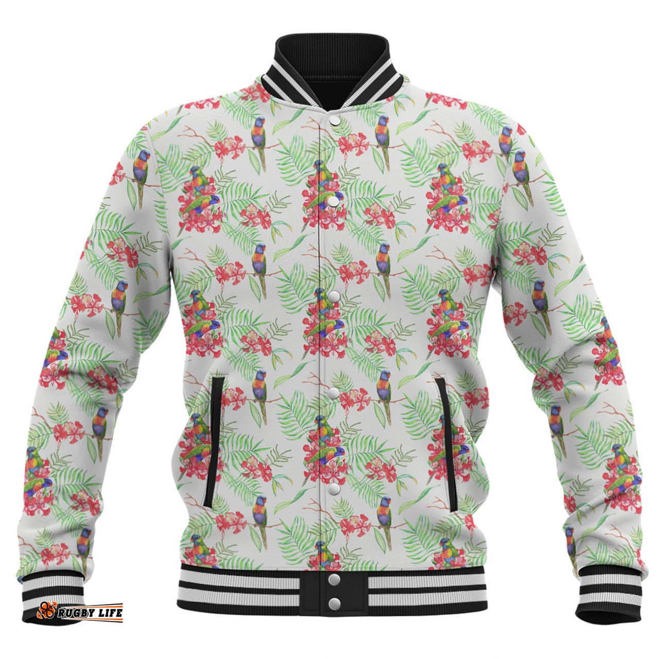 Australia Rainbow Lorikeets Baseball Jacket - Rainbow Lorikeets Colorful Tropical Exotic Flowers Baseball Jacket
