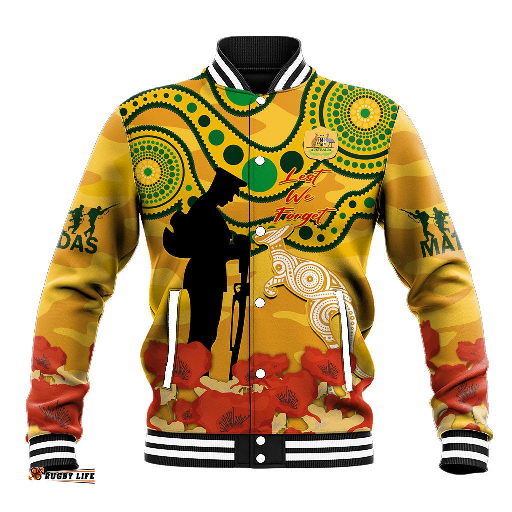 Custom Matildas ANZAC Day Baseball Jacket Lest We Forget Poppies Mix Camouflage Gold