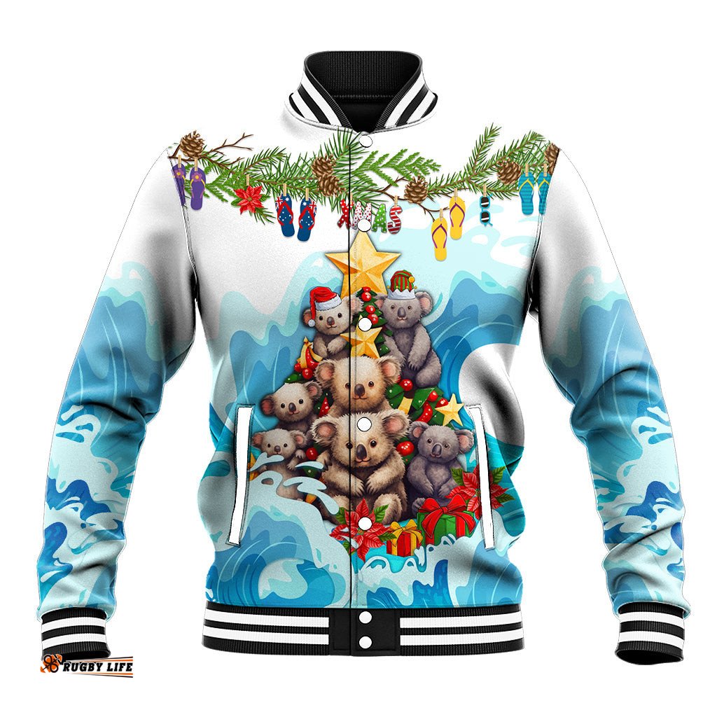 Personalised Australia Koala Christmas Baseball Jacket Merry and Bright Breaking Wave