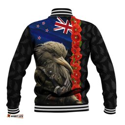 New Zealand Kiwi Soldier ANZAC Baseball Jacket Red Poppy Flower and Silver Fern Pattern