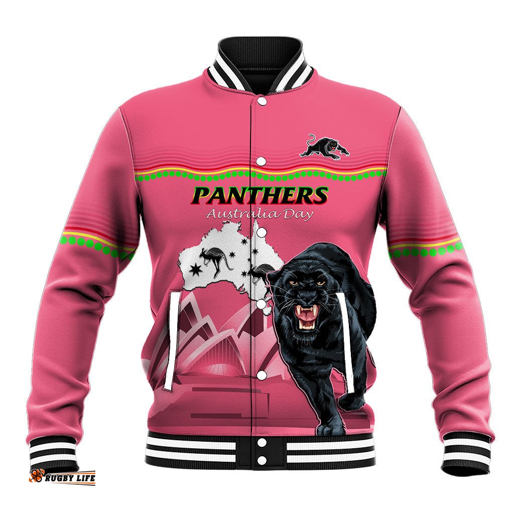Custom Australia Day Panthers Baseball Jacket NRL 2024 Sydney Opera House With Map - Pink