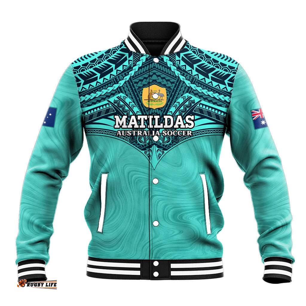 Custom Australia Matildas Baseball Jacket Polynesian Mix Turquoise Marble