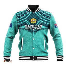 Custom Australia Matildas Baseball Jacket Polynesian Mix Turquoise Marble
