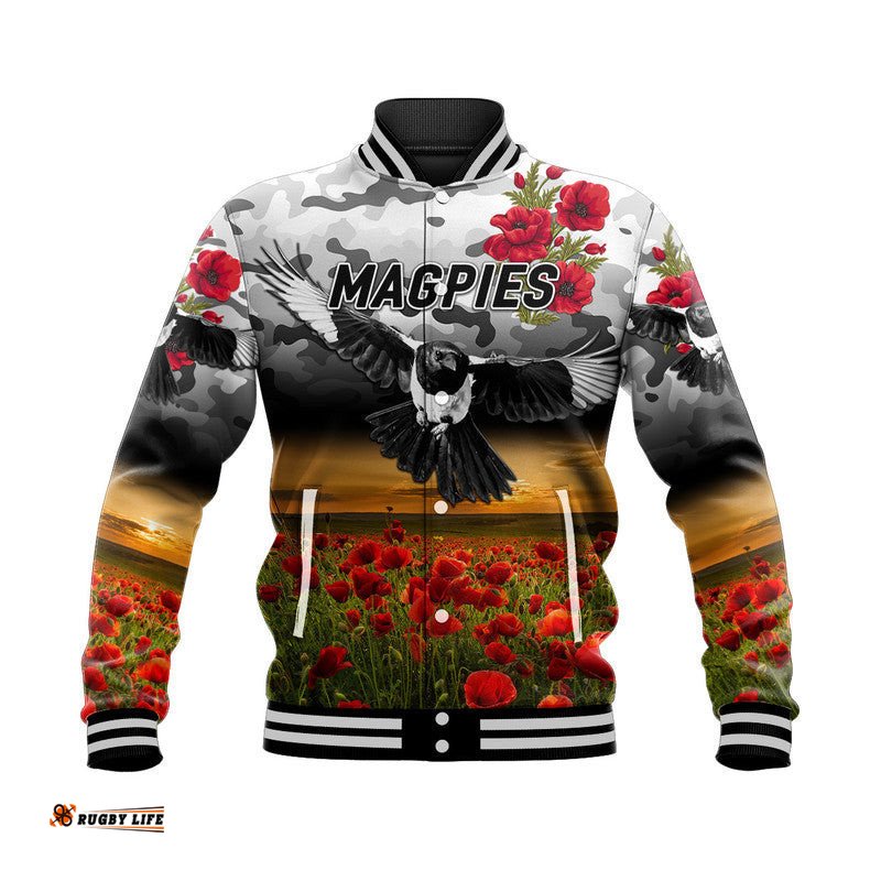 Custom Personalised Collingwood Magpies ANZAC Baseball Jacket Poppy Vibes