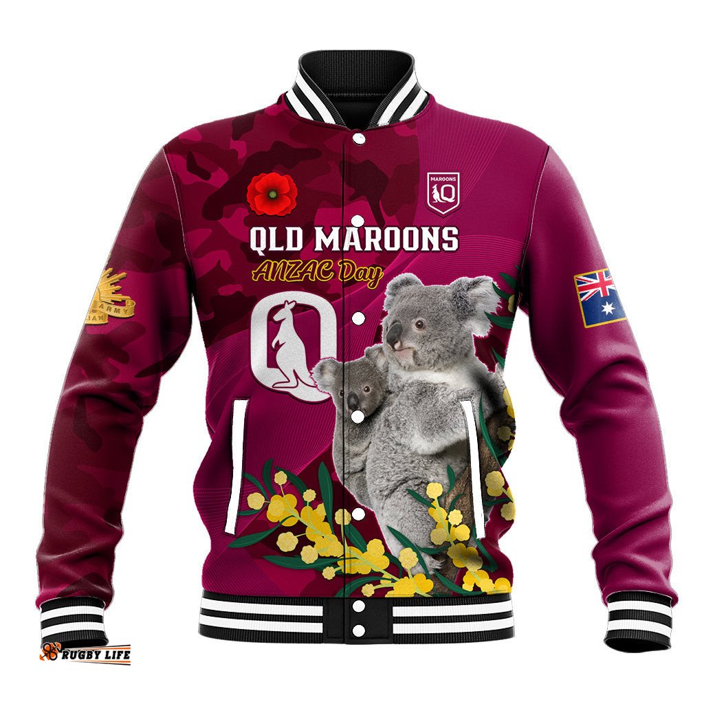 Custom QLD Maroons ANZAC Day Baseball Jacket Australian Koala Mix Camouflage