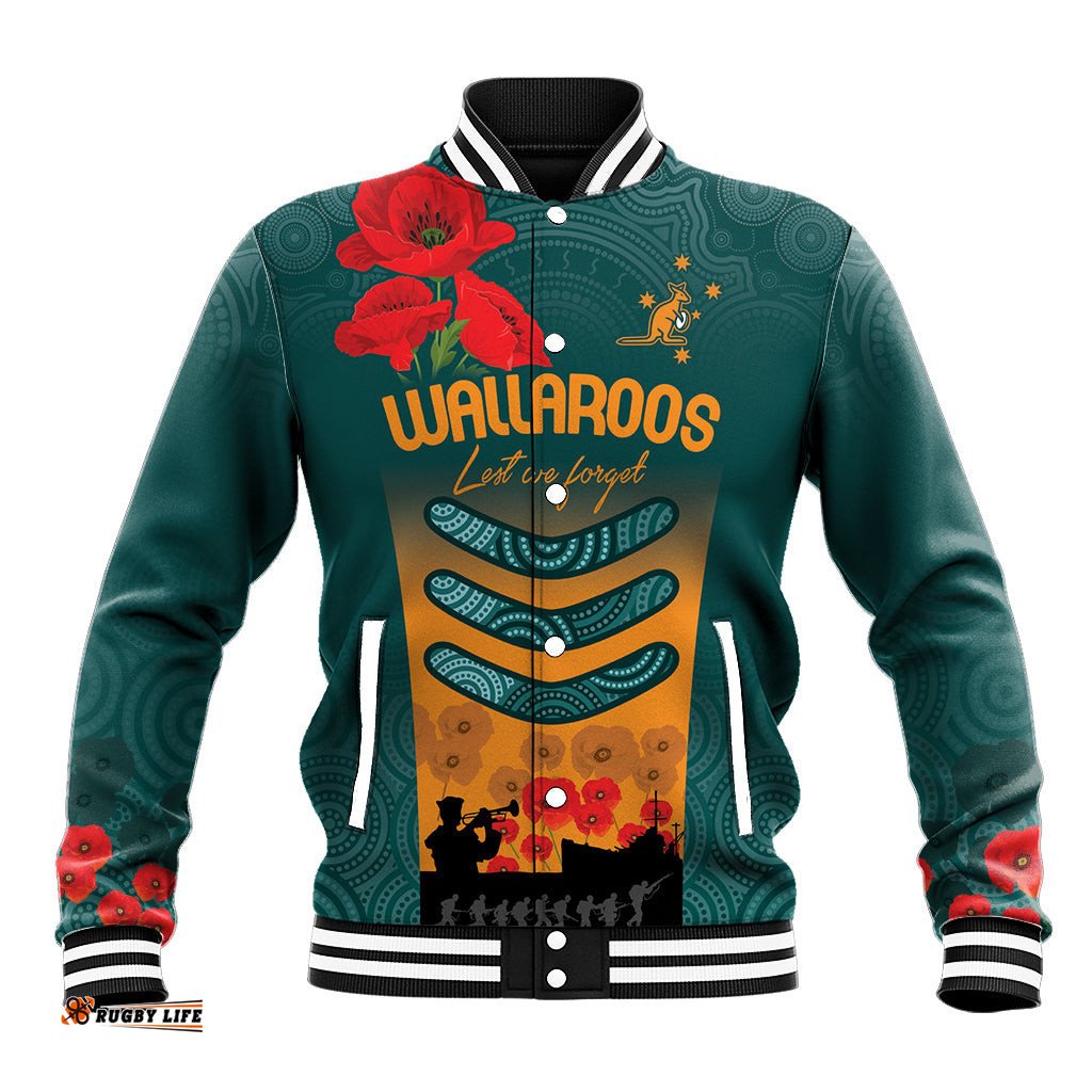 Custom Wallaroos Rugby ANZAC Baseball Jacket Poppy Soldier With Aboriginal Dots Art