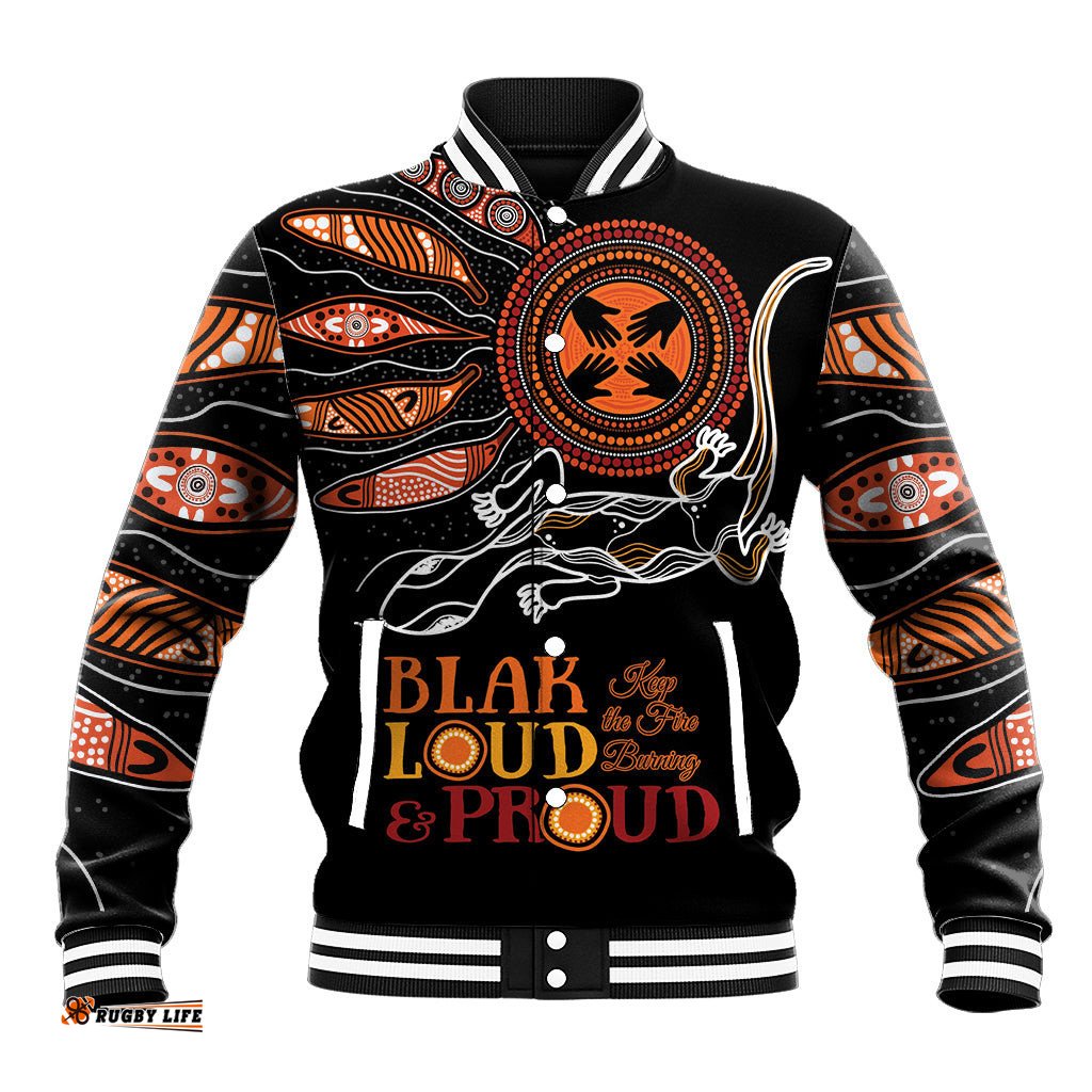 Australia NAIDOC 2024 Baseball Jacket Blak Loud and Proud Aboriginal Lizard Art