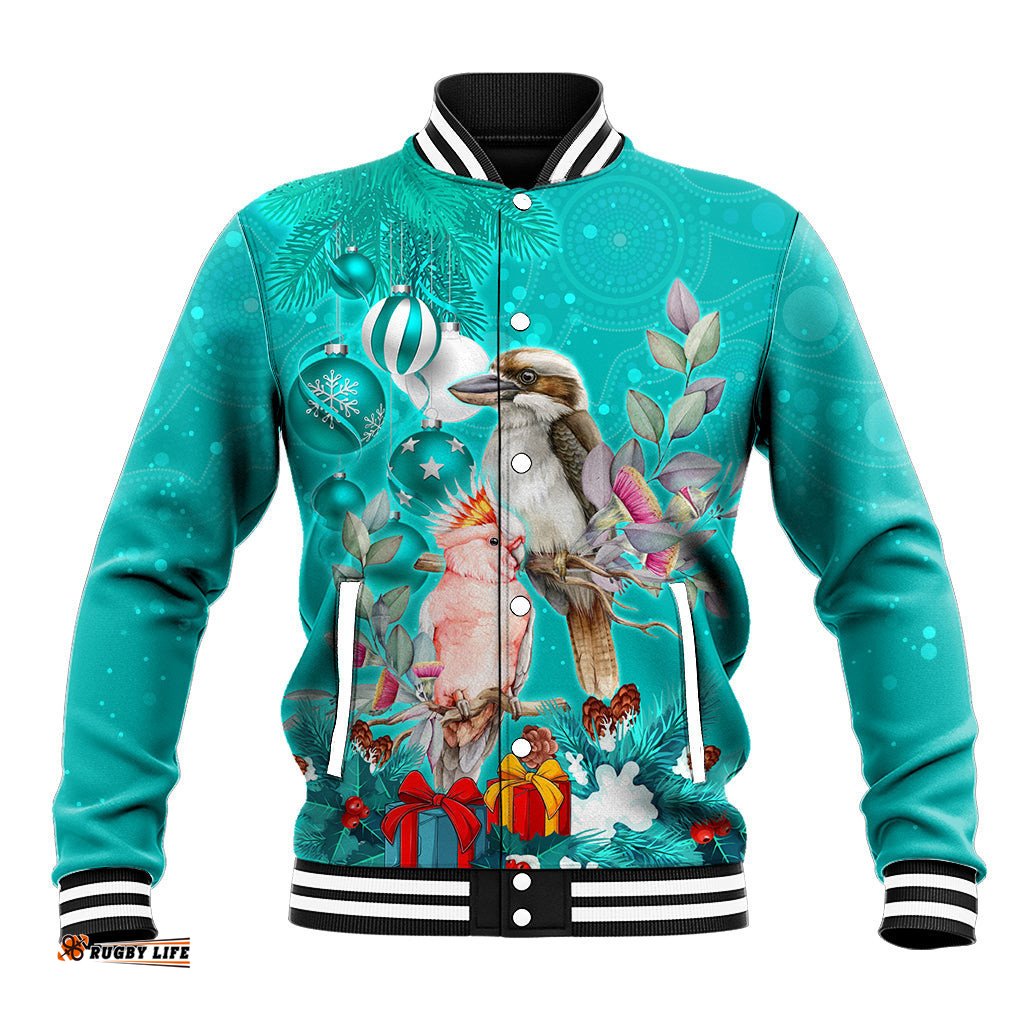 Kookaburra and Cockatoo Baseball Jacket Australia Merry Christmas Aboriginal Teal Style