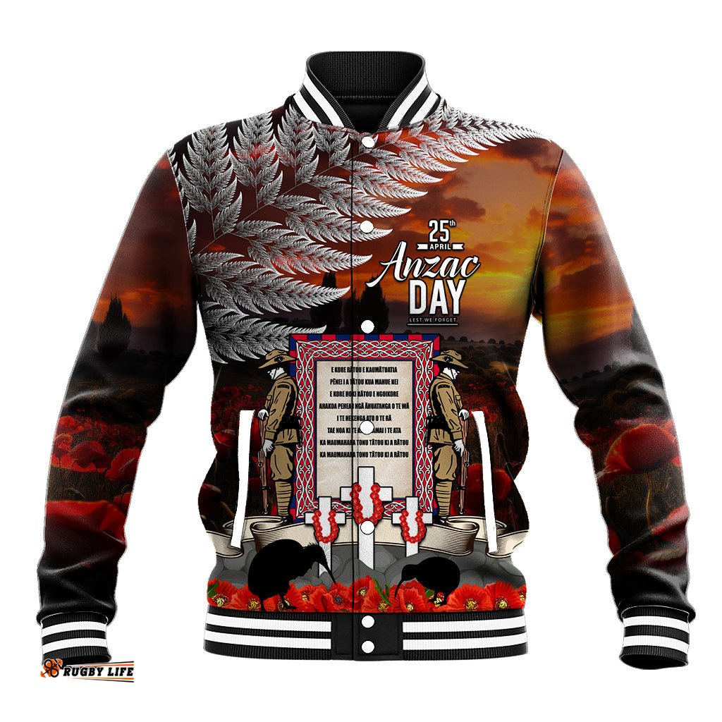 New Zealand ANZAC Day Baseball Jacket The Ode of Remembrance and Silver Fern