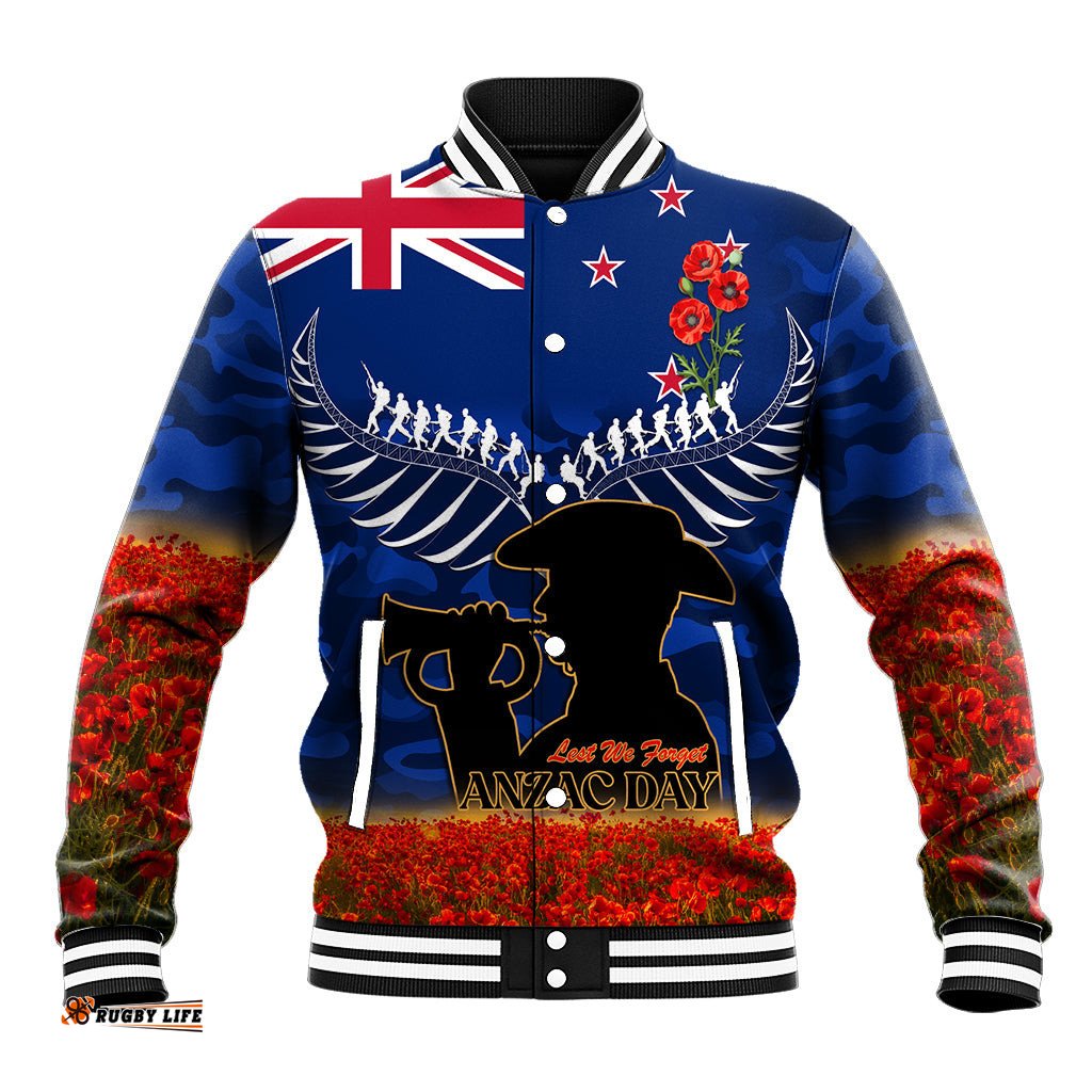 New Zealand ANZAC Day Baseball Jacket 25 April Last Post Camouflage With Poppies