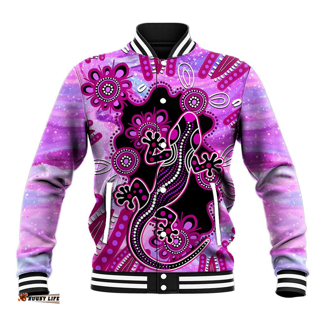 Australia Baseball Jacket Aussie Opal Pattern With Lizard Aboriginal Art - Pink