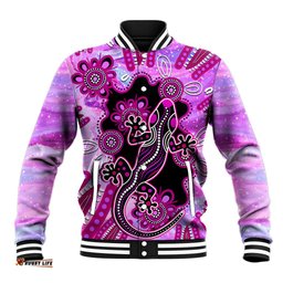 Australia Baseball Jacket Aussie Opal Pattern With Lizard Aboriginal Art - Pink