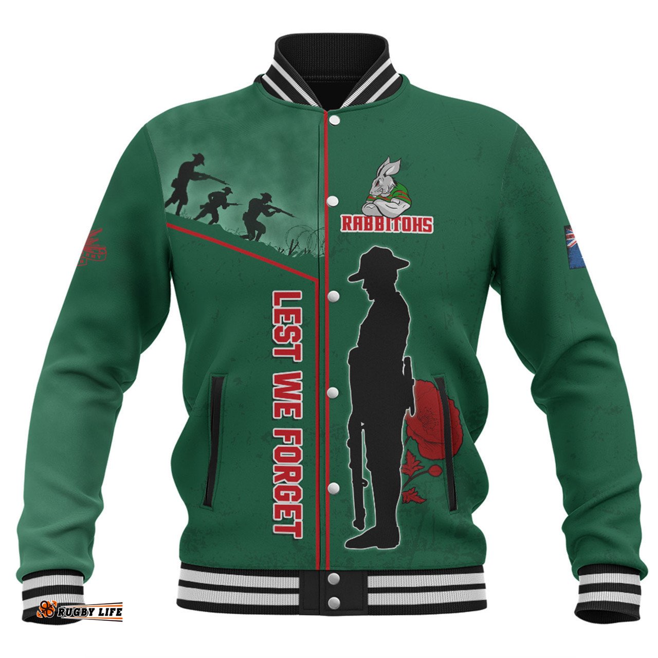 South Sydney Rabbitohs Baseball Jacket - Anzac Day Lest We Forget Poppy