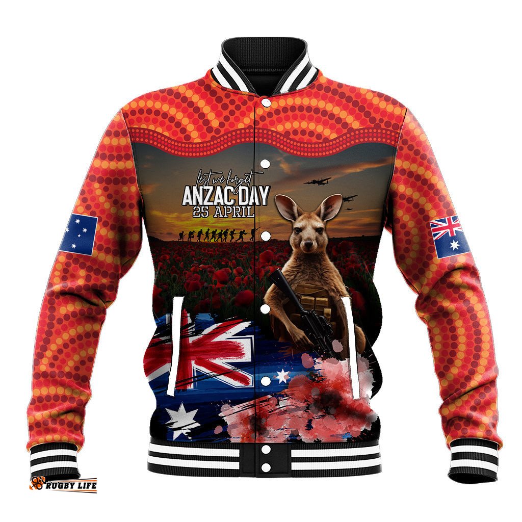 Australia ANZAC Day Baseball Jacket Koala and Kangaroo Red Poppy Flower Field Aboriginal Pattern