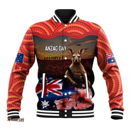 Australia ANZAC Day Baseball Jacket Koala and Kangaroo Red Poppy Flower Field Aboriginal Pattern