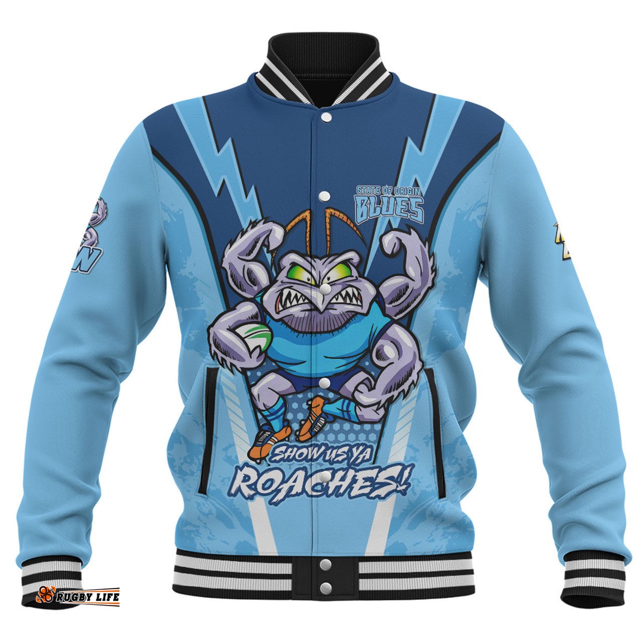 New South Wales Blues Baseball Jacket Custom State Of Origin 2024 Show Us Ya Roaches!