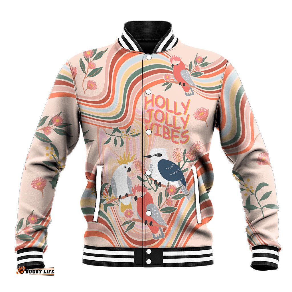 Australia Hippie Christmas Baseball Jacket Cockatoo Kookaburra with Wattle Pink Peach Style