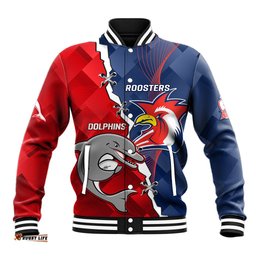 Personalised Dolphins And Roosters Rugby Baseball Jacket NRL Sporty Style