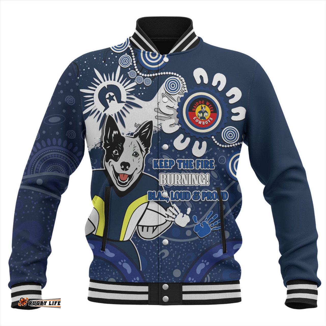 North Queensland Cowboys Baseball Jacket Aboriginal Indigenous Naidoc Week Dreamtime Dot Painting With Flag