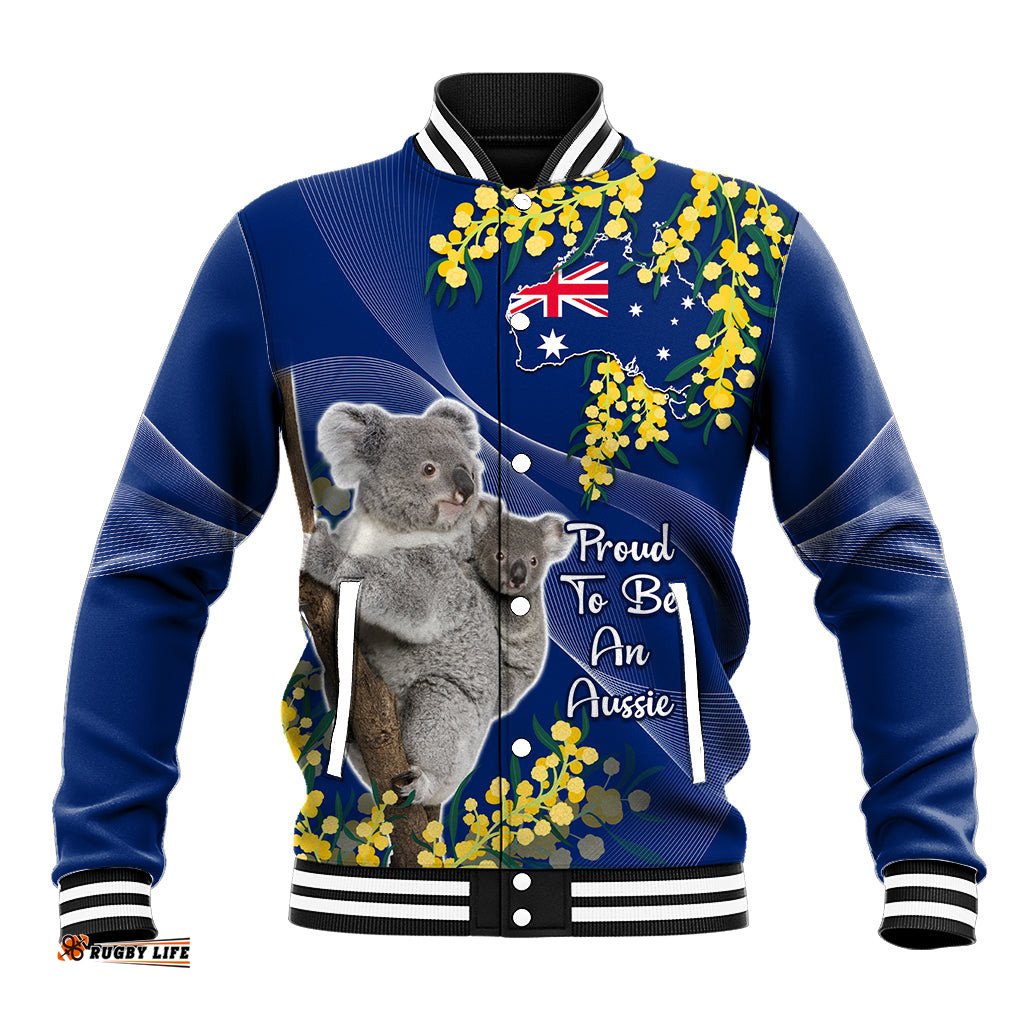 Australia Day Baseball Jacket Proud To Be An Aussie Koala With Map Golden Wattle