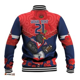 Custom Roosters Rugby ANZAC Baseball Jacket Sydney Gallipoli Soldier With Aboriginal Art