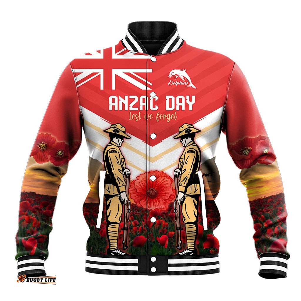 Custom Dolphins Rugby ANZAC Day Baseball Jacket Soldiers Poppy Field 2024