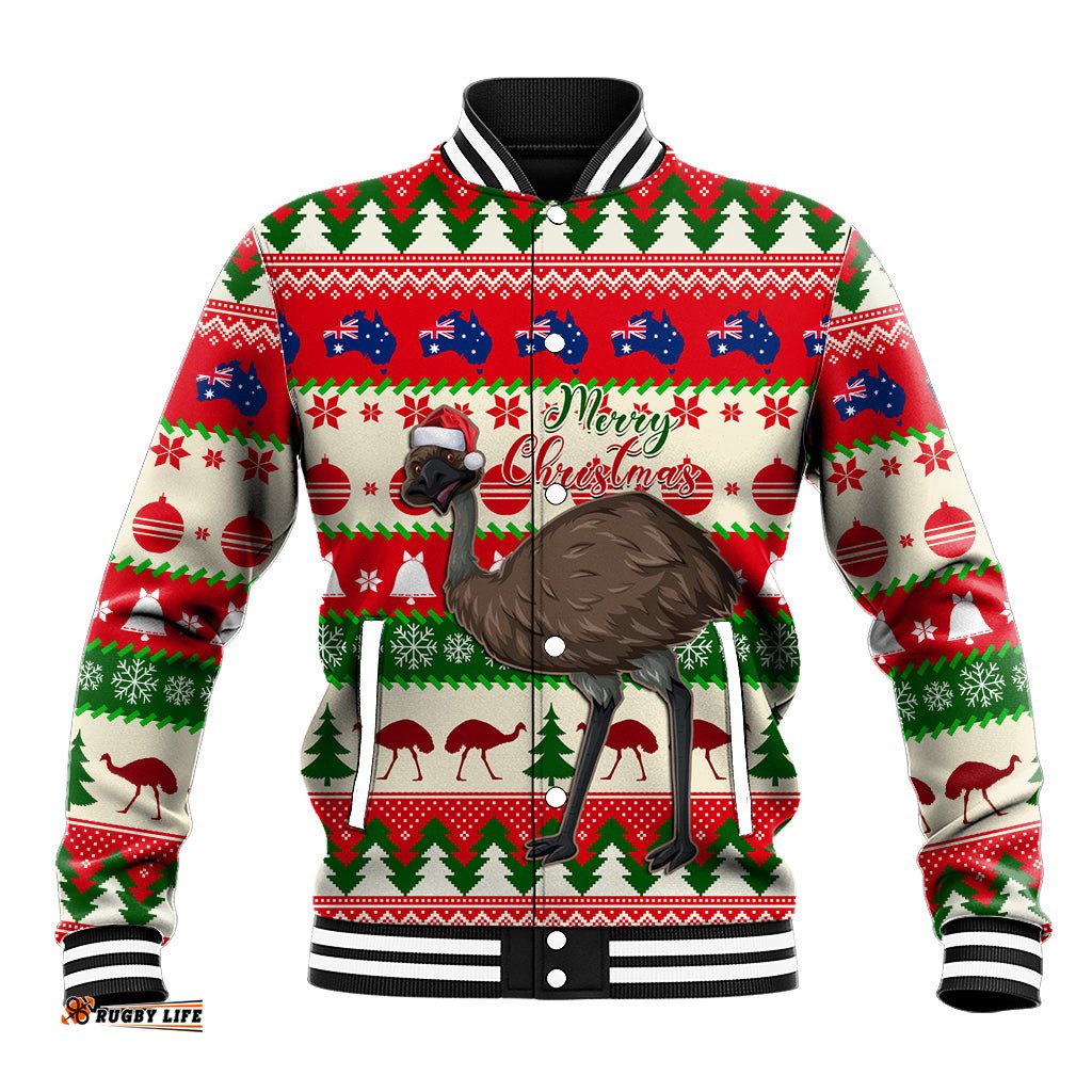 Australia Christmas Baseball Jacket Aussie Emu Santa Merry Xmas