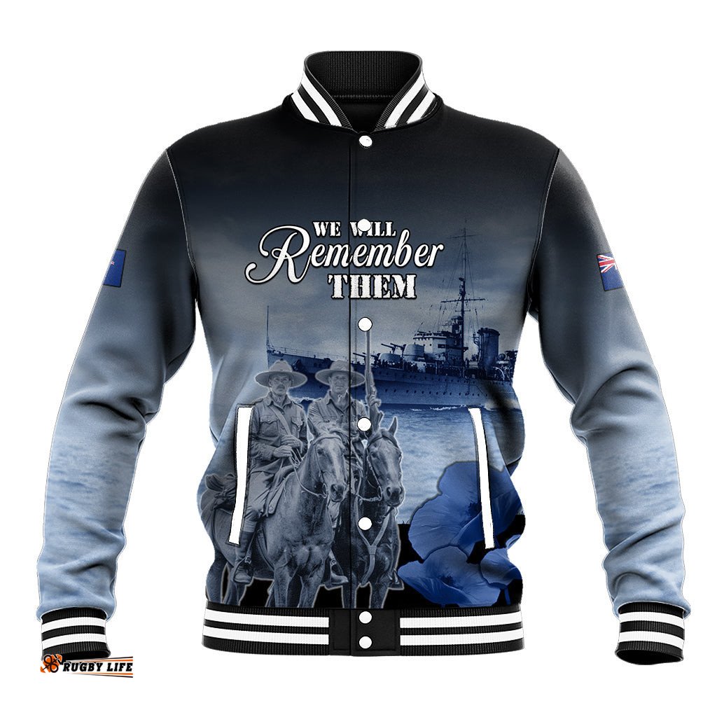 New Zealand ANZAC Day Baseball Jacket HMNZS Achilles We Will Remember Them