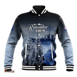 New Zealand ANZAC Day Baseball Jacket HMNZS Achilles We Will Remember Them