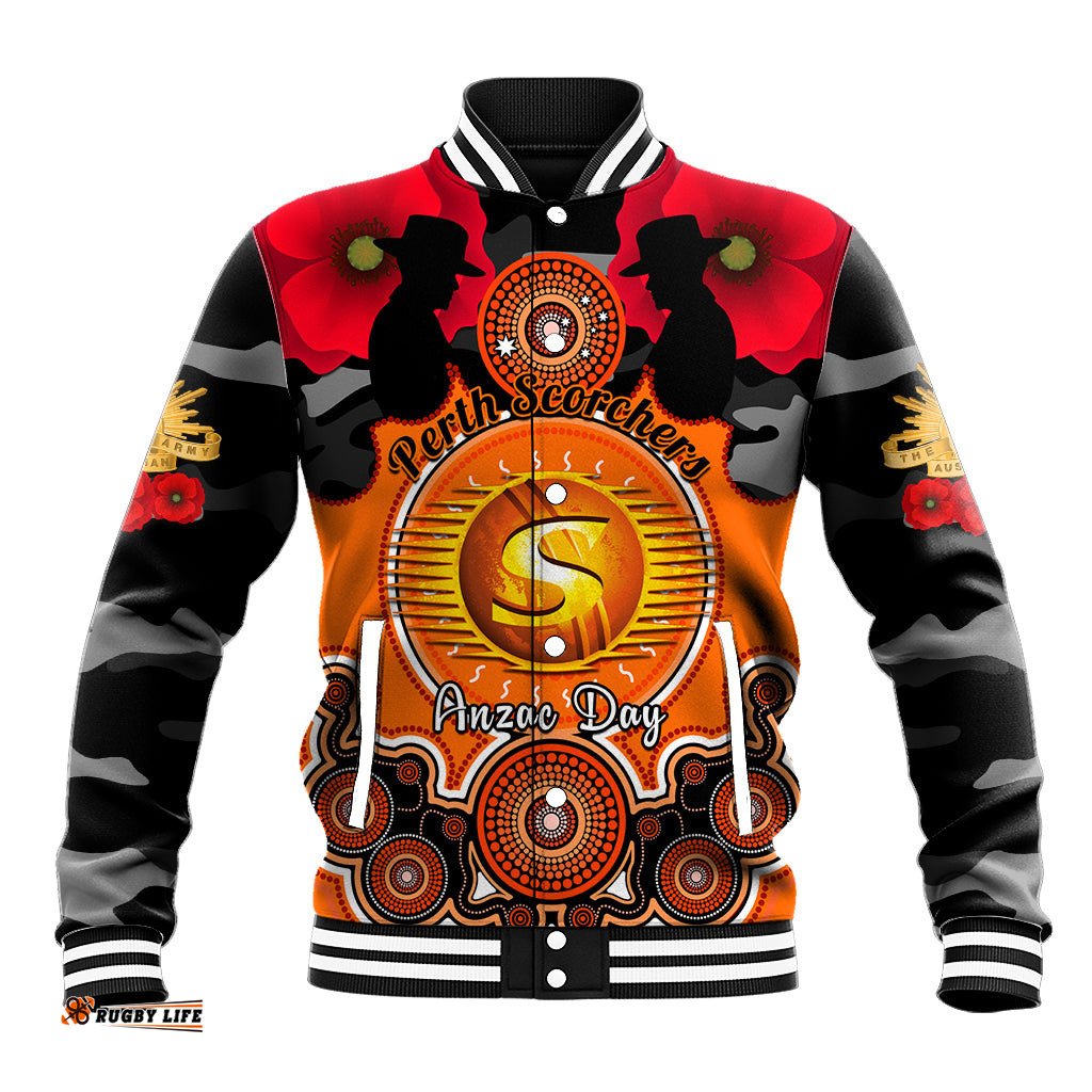 Perth Scorchers ANZAC 2024 Baseball Jacket Lest We Forget Poppy Mix Camouflage