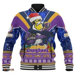Melbourne Storm Christmas Custom Baseball Jacket - Storm Man Santa Claus Aussie Big Things Baseball Jacket