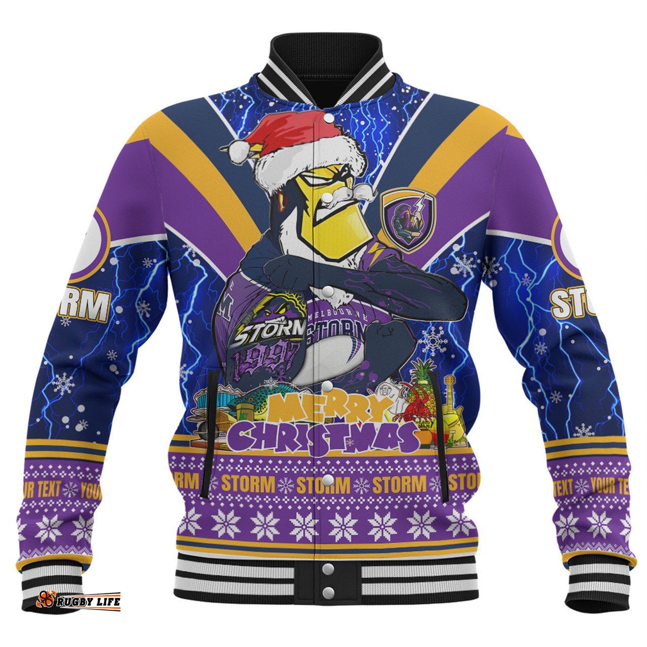 Melbourne Storm Christmas Custom Baseball Jacket - Storm Man Santa Claus Aussie Big Things Baseball Jacket