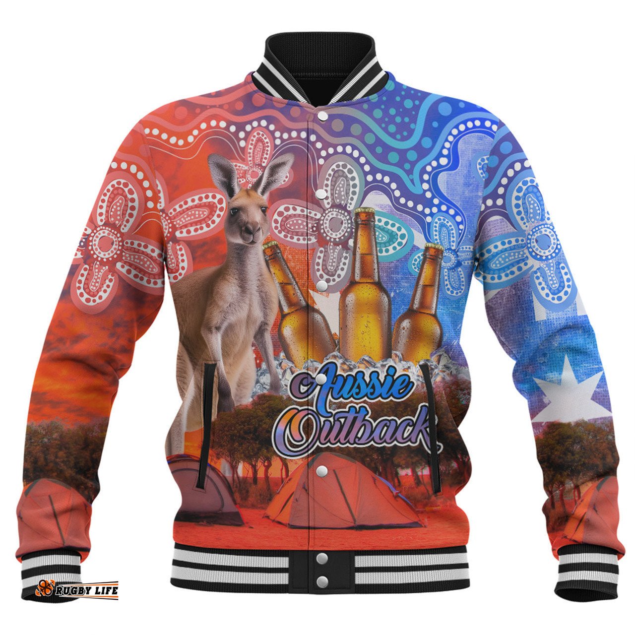 Australia Kangaroo Aboriginal Camping Custom Baseball Jacket - Aussie Outback Camping with Beer Baseball Jacket