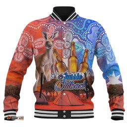 Australia Kangaroo Aboriginal Camping Custom Baseball Jacket - Aussie Outback Camping with Beer Baseball Jacket
