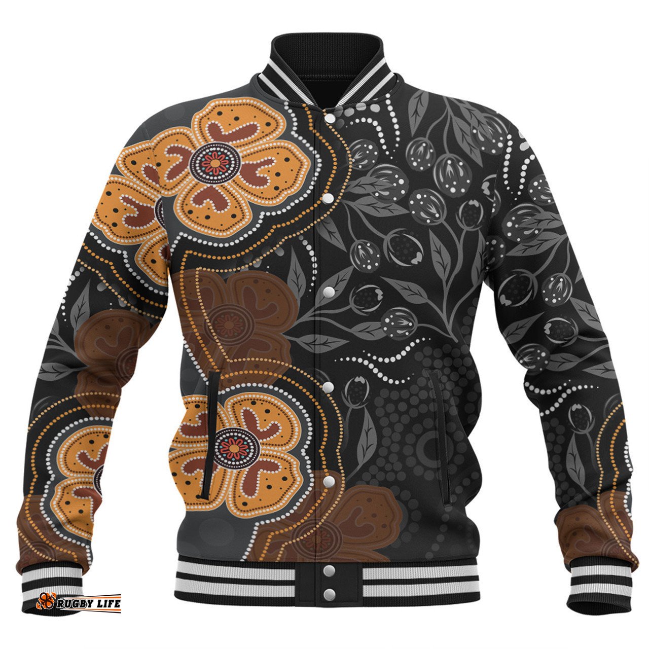 Australia Aboriginal Baseball Jacket - Aboriginal Dot Art With Bush Flowers Baseball Jacket