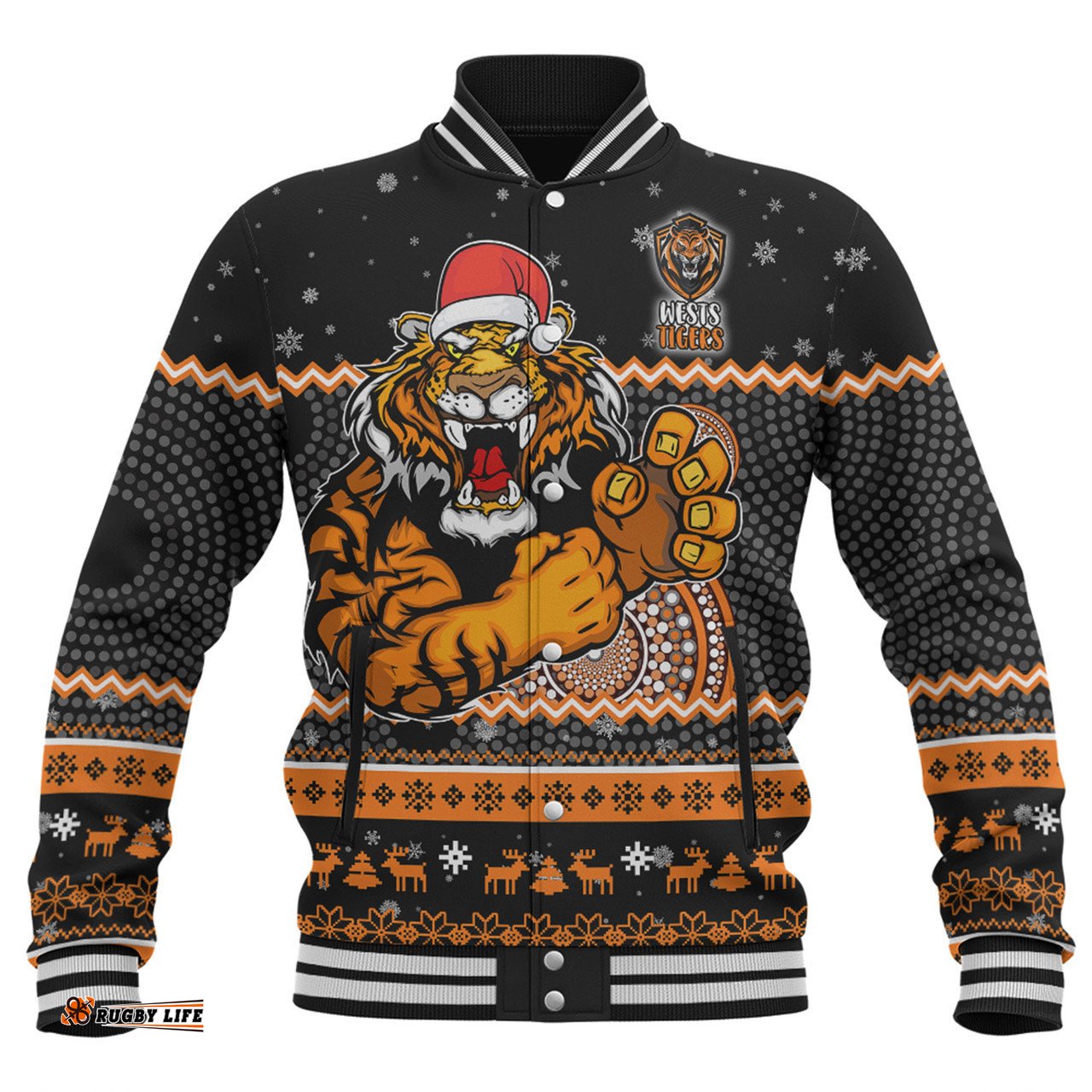 Wests Tigers Christmas Custom Baseball Jacket - Ugly Xmas And Aboriginal Patterns For Die Hard Fan Baseball Jacket