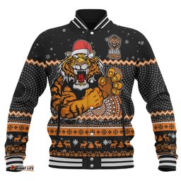 Wests Tigers Christmas Custom Baseball Jacket - Ugly Xmas And Aboriginal Patterns For Die Hard Fan Baseball Jacket