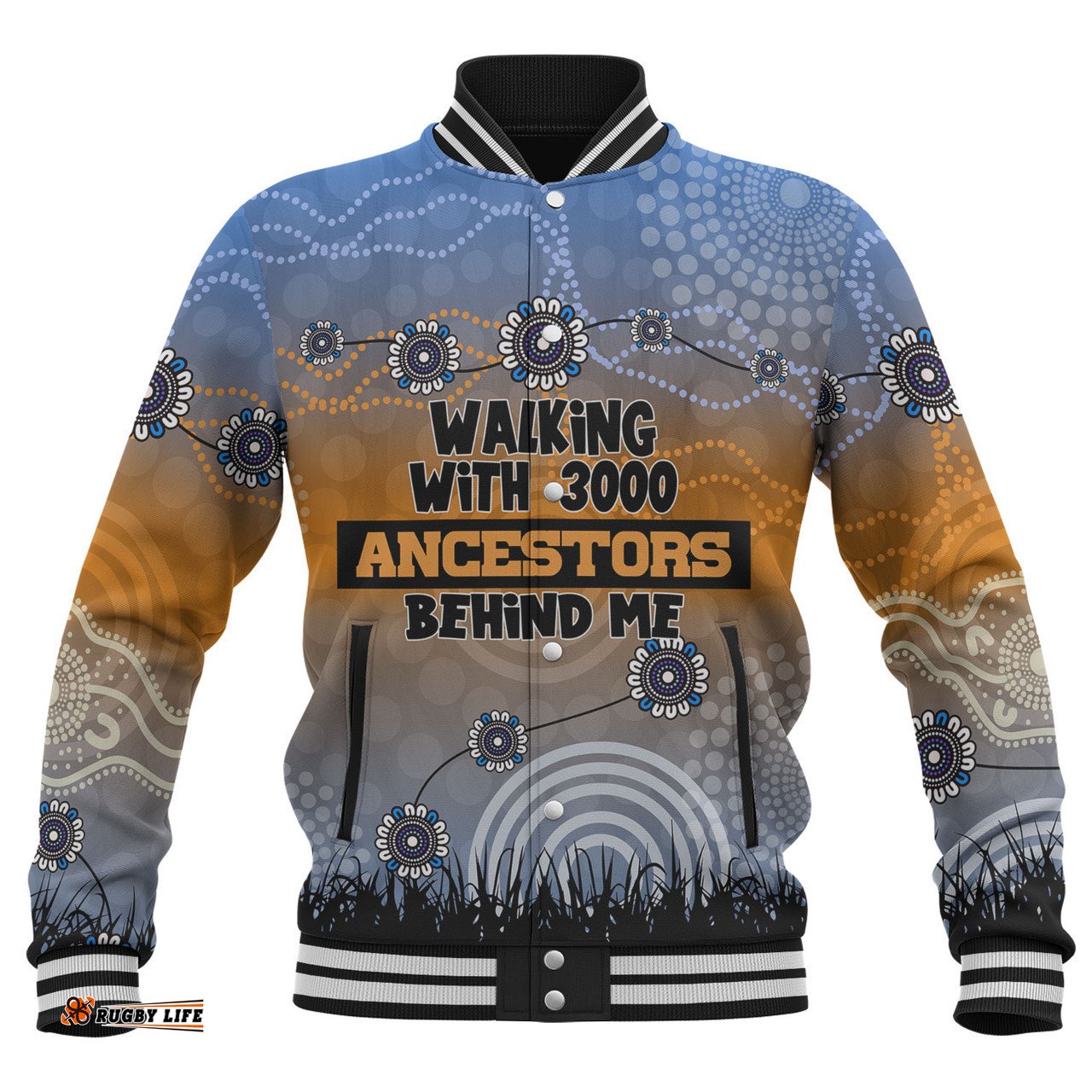 Australia Aboriginal Baseball Jacket - Walking with 3000 Ancestors Behind Me Blue Patterns Baseball Jacket
