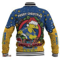 Parramatta Eels Christmas Custom Baseball Jacket - Merry Christmas Our Beloved Team With Aboriginal Dot Art Pattern Baseball Jacket