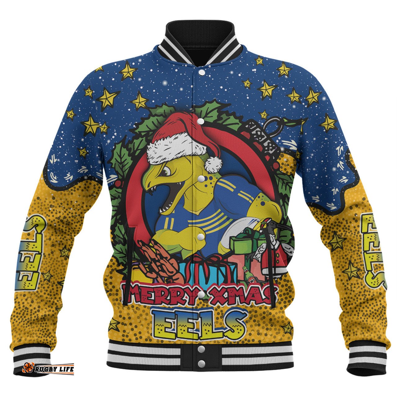 Parramatta Eels Christmas Custom Baseball Jacket - Merry Christmas Our Beloved Team With Aboriginal Dot Art Pattern Baseball Jacket