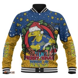 Parramatta Eels Christmas Custom Baseball Jacket - Merry Christmas Our Beloved Team With Aboriginal Dot Art Pattern Baseball Jacket