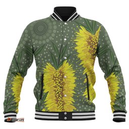 Australia Aboriginal Baseball Jacket - Yellow Bottle Brush Flora In Aboriginal Painting Baseball Jacket