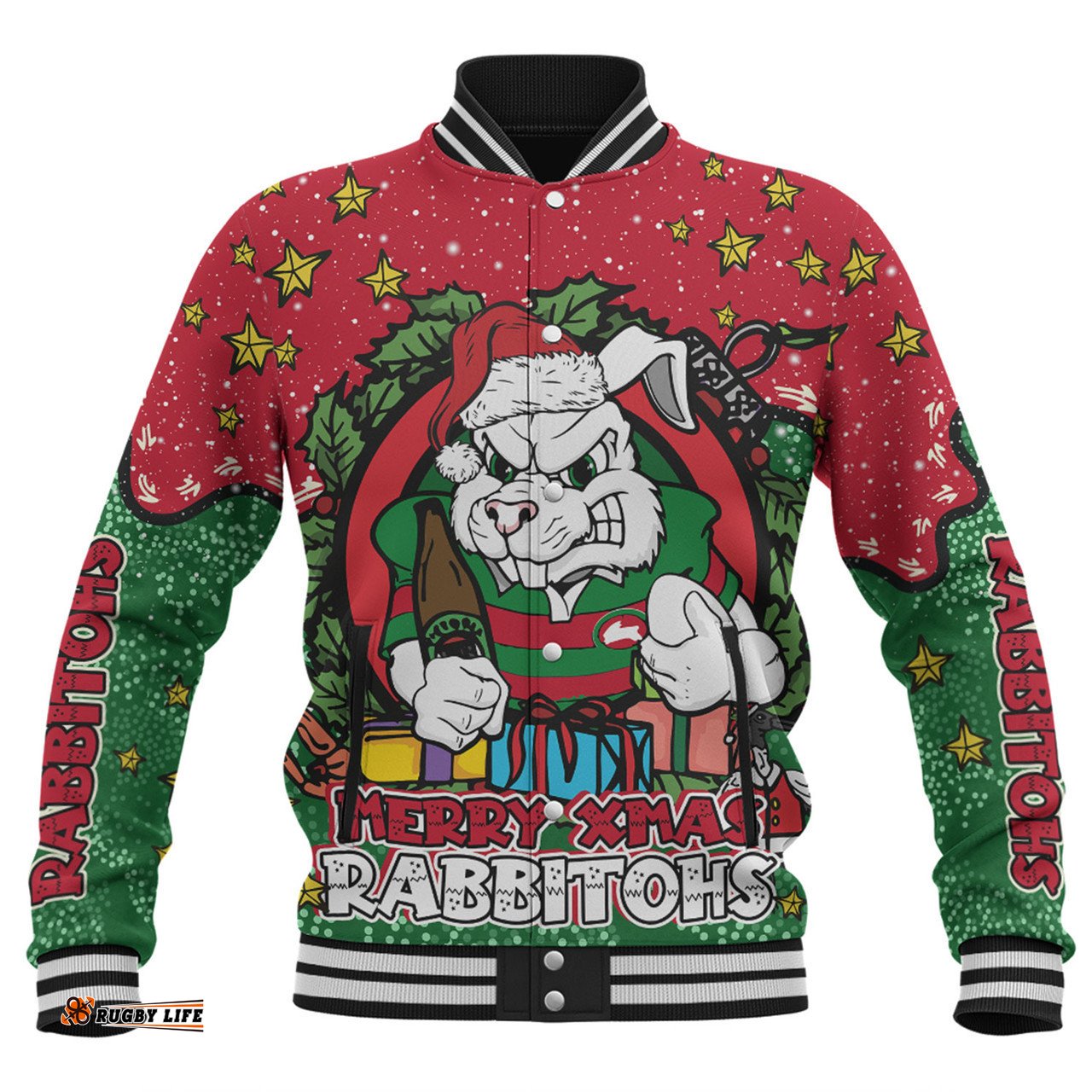 South Sydney Rabbitohs Custom Baseball Jacket - Merry Christmas Our Beloved Team With Aboriginal Dot Art Pattern Baseball Jacket