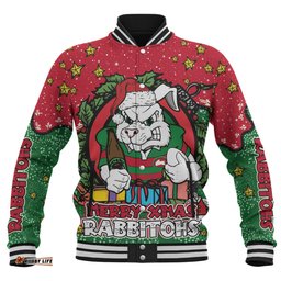 South Sydney Rabbitohs Custom Baseball Jacket - Merry Christmas Our Beloved Team With Aboriginal Dot Art Pattern Baseball Jacket