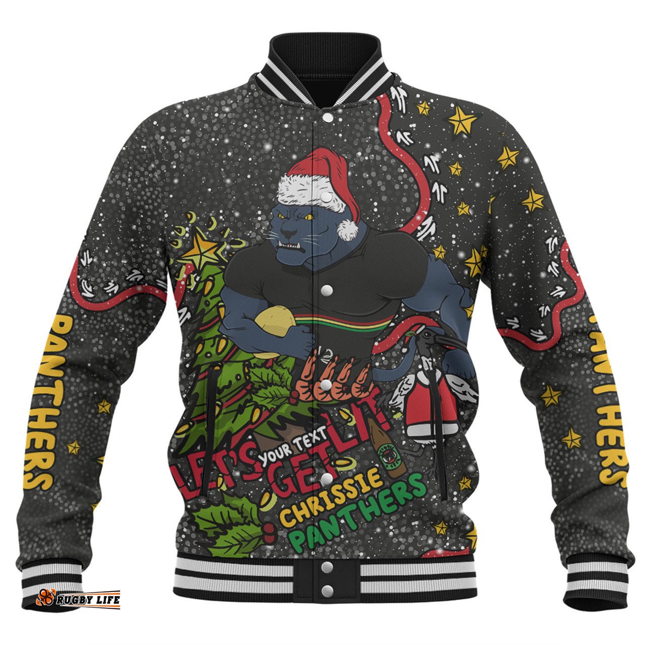 Penrith Panthers Christmas Custom Baseball Jacket - Let's Get Lit Chrisse Pressie Baseball Jacket