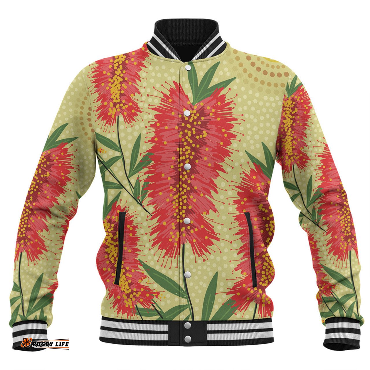 Australia Flowers Aboriginal Baseball Jacket - Aboriginal Painting Red Bottle Brush Tree Baseball Jacket