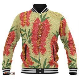Australia Flowers Aboriginal Baseball Jacket - Aboriginal Painting Red Bottle Brush Tree Baseball Jacket