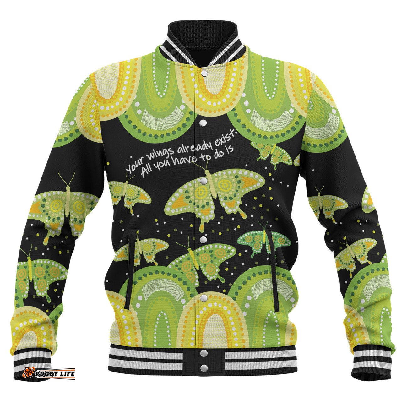 Australia Baseball Jacket - Aboriginal Green Butterflies Art Inspired