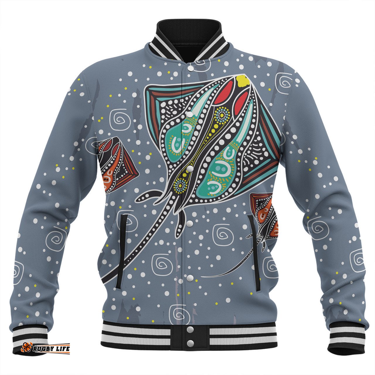 Australia Aboriginal Baseball Jacket - Stingray Art In Aboriginal Dot Style Baseball Jacket