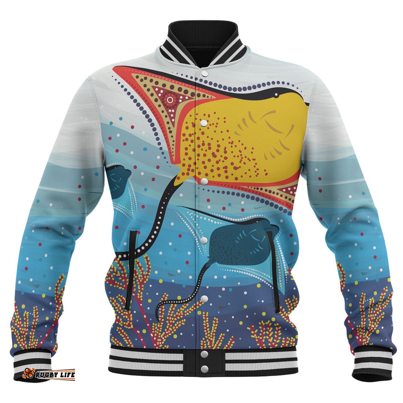 Australia Aboriginal Baseball Jacket - Stingray Aboriginal Art Baseball Jacket